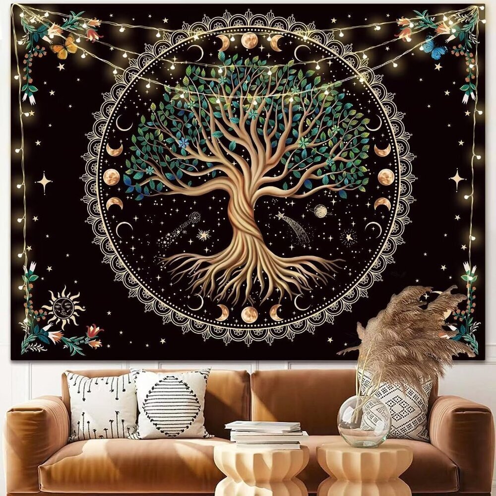 Moon Phase Tree of Life Tapestry Nature Flower Plant Butterfly Tapestries Boho M
